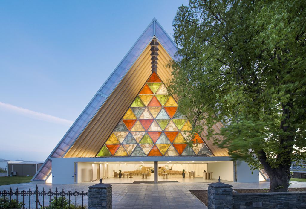 Picture of the outside of a cardboard cathedral