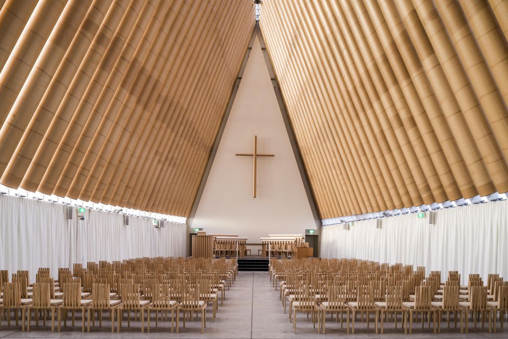 Picture of the inside of a cardboard cathedral