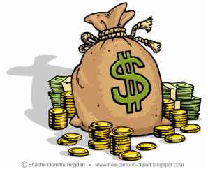 Cartoon of a bag of money with coins all around