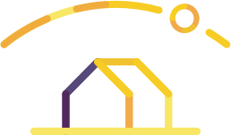 Yellow outline of a house with sun over head