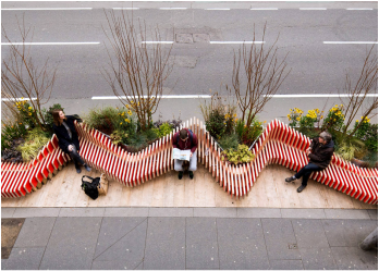 Picture of a zig-zag park bench design to fit tight urban spaces