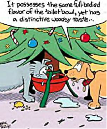 Cartoon of dogs drinking water out of the Christmas tree