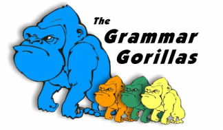 A large blue gorilla, and a small orange, green, and then yellow gorilla side by side