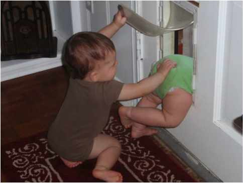 Picture of a toddler pushing another toddler through a dog door