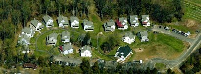 Aerial view of houses at Blueberry Hill Cohousing