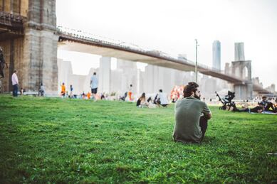 Man sitting on grass overlooking a park by a bridge