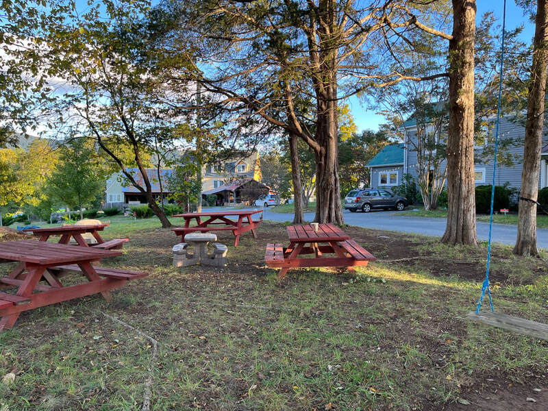 Picnic tables in park in front of houses