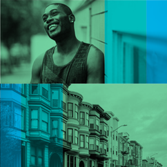 blue-green city image with young black man smiling 